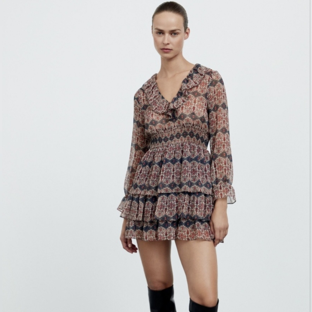 Zara Sheer‎ Tiered Long sleeve Mini Dress Womens XS